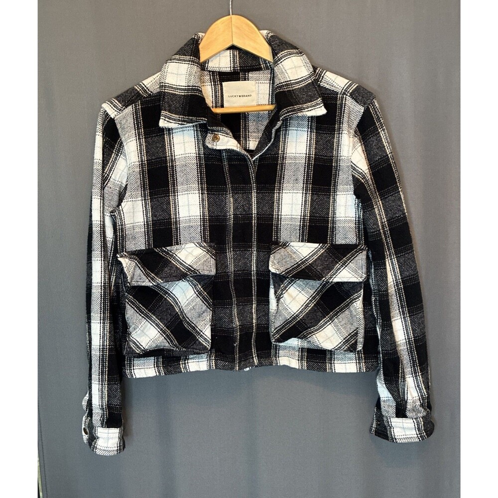 Lucky Brand Flannel Cropped Shirt Jacket Small Black White Plaid Snaps Shacket